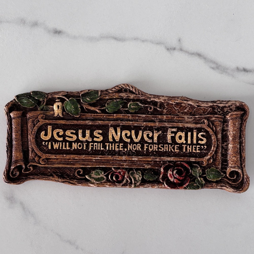 Vintage Jesus Never Fails Wall Plaque Faux Wood Christian Nature Joshua 1:5